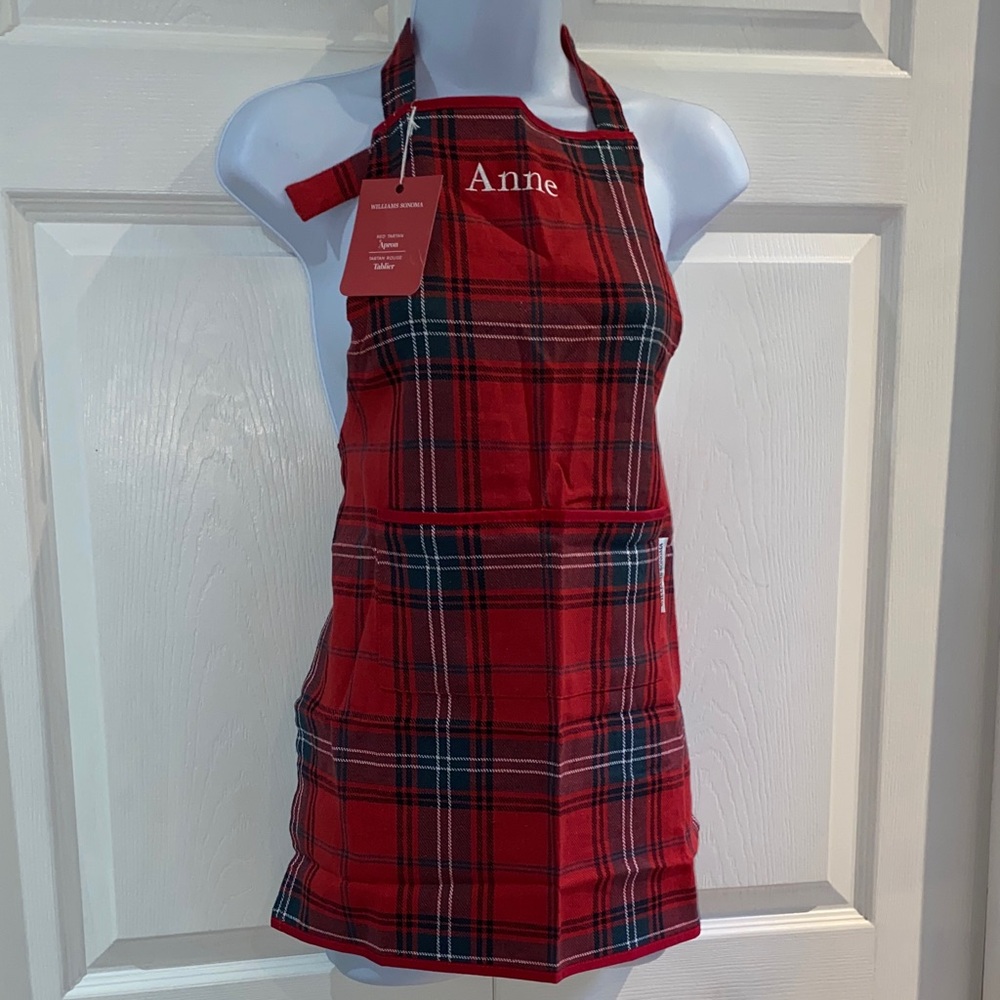 Williams Sonoma Red Tartan Plaid Child Size Apron with Pockets Mongrammed Anne